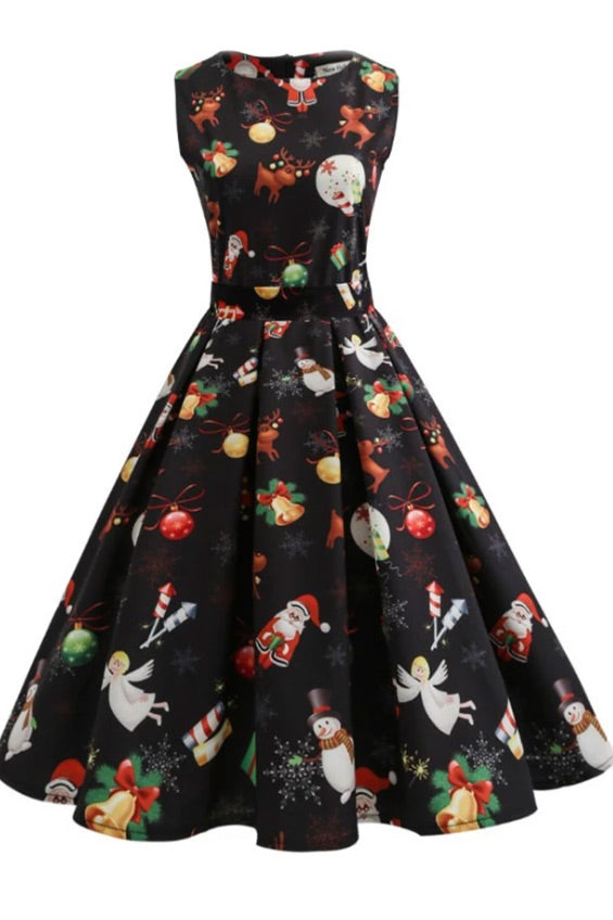 Christmas Retro Printed Boatneck Dress - Fashionpara