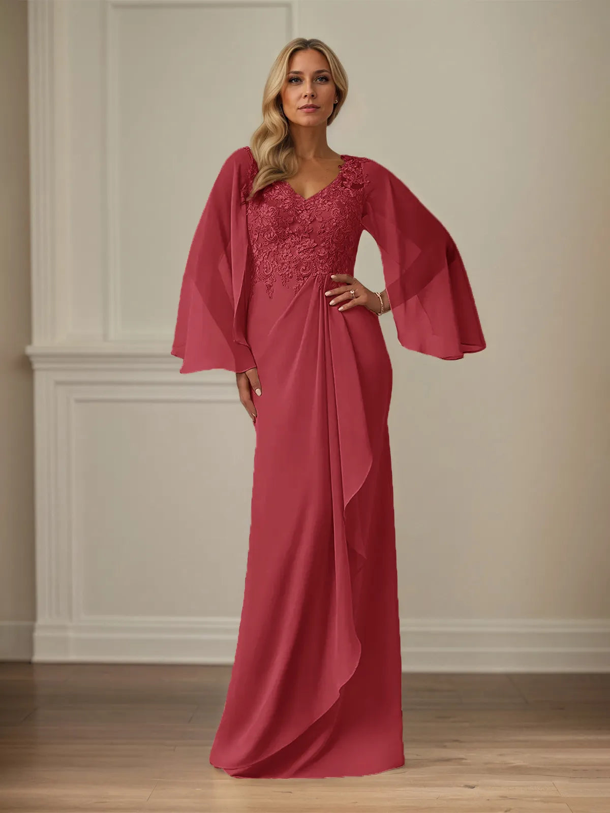 Sheath/Column Chiffon V Neck Long Sleeves Floor Length Mother of the Bride Dresses With Appliques
