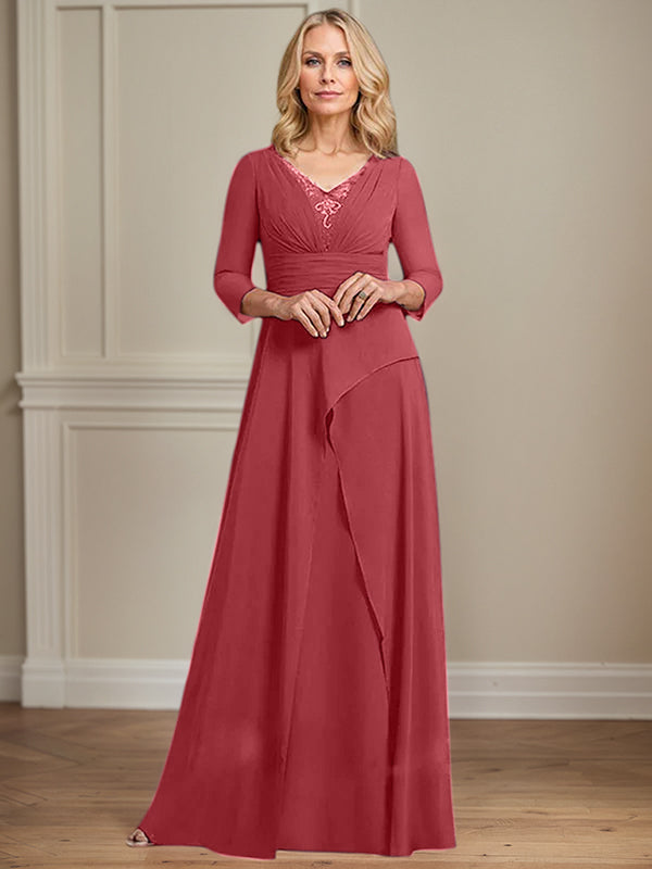 A-line V-Neck Floor-Length Chiffon Mother of the Bride Dress With Pleated Beading - View 13 | FashionDia