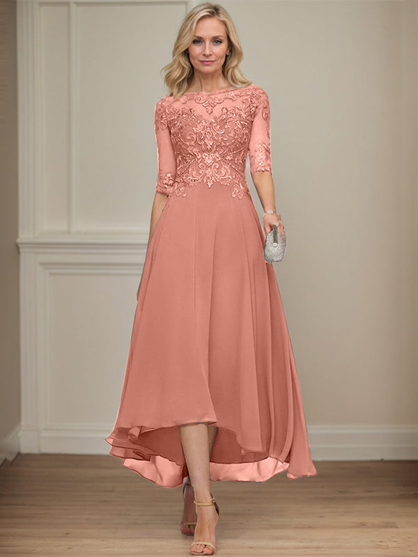 A-line Boat Neck Illusion Asymmetrical Chiffon Lace Mother of the Bride Dress With Sequins Beading