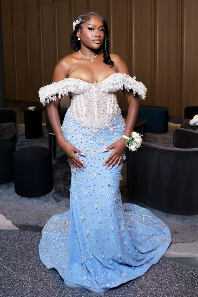 Classic Sky Blue White Off-The-Shoulder Mermaid Prom Dresses Sheath Long With Gem