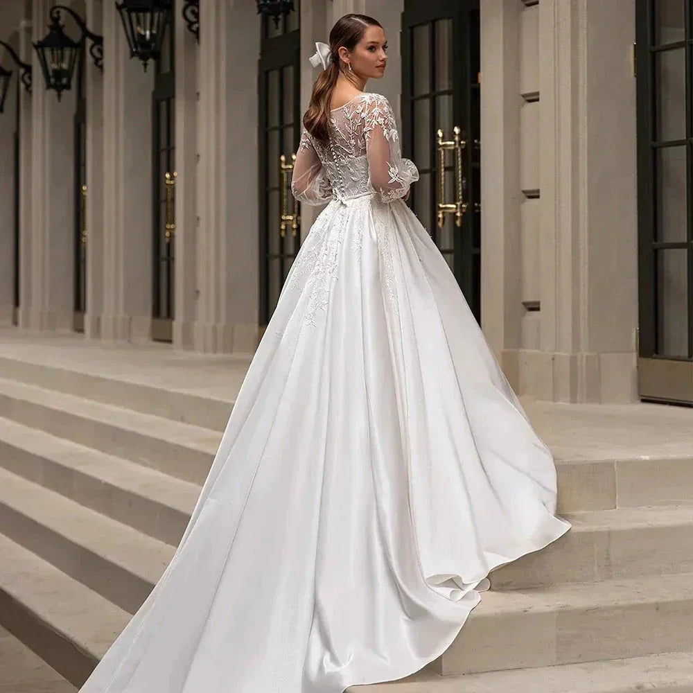 Classic Wedding Dresses Women O-Neck Full Sleeves Bride Dress Satin With Applique Sweep Train A-Line Custom Occasion Gowns (ZD13474)