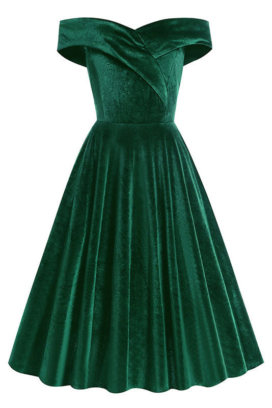 Classic Dark Green Off Shoulder A-Line Cocktail Party Dress - Fashionpara