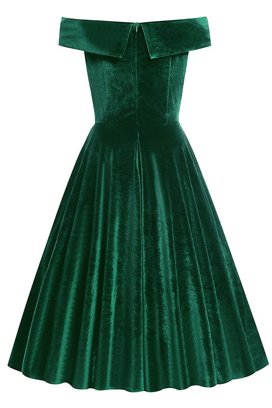 Classic Dark Green Off Shoulder A-Line Cocktail Party Dress - Fashionpara