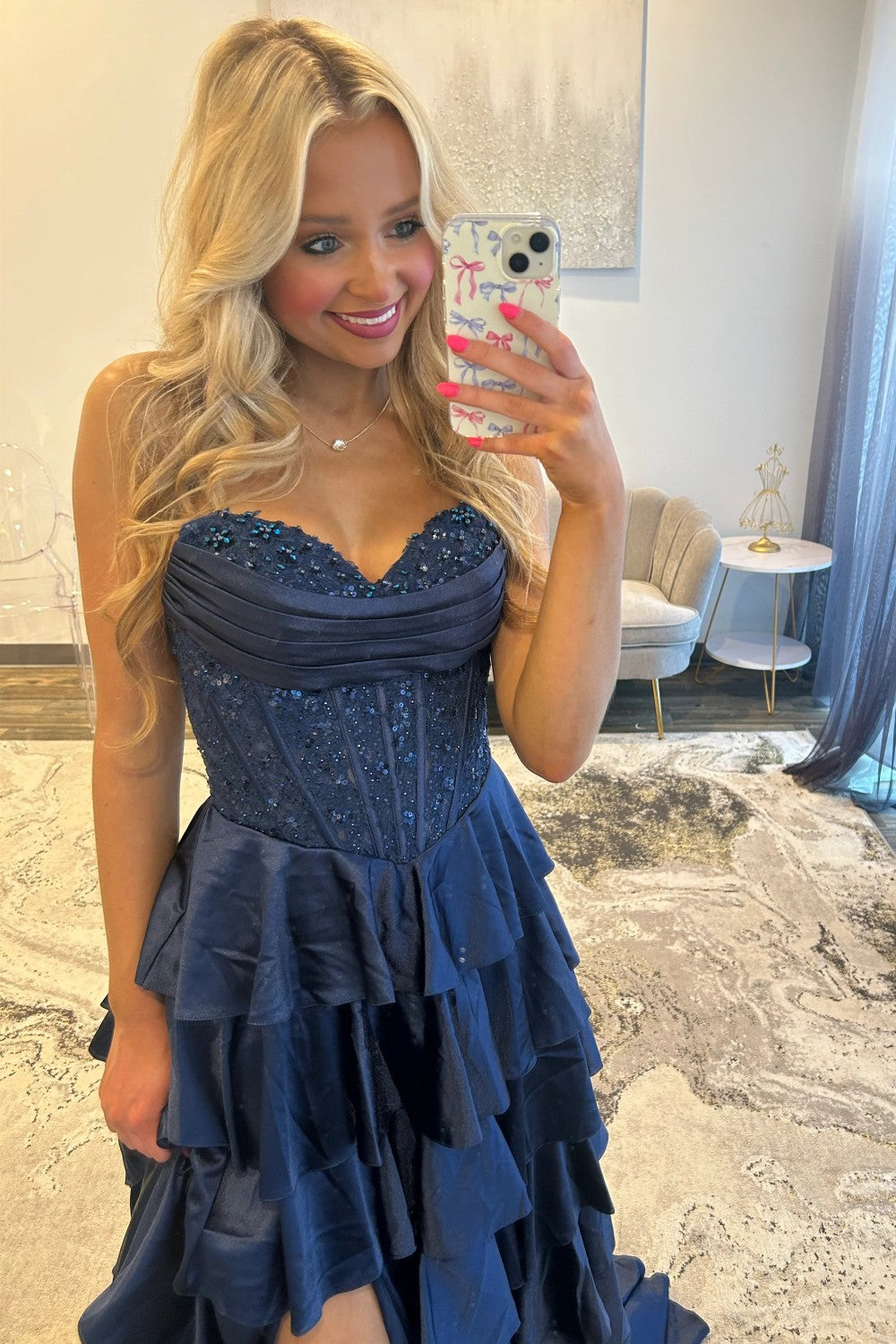 Classic A Line Sweetheart Navy Corset Prom Dress with Appliques Ruffles