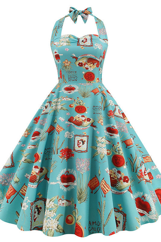Classic Print Halter A-Line Party Dress - Fashionpara