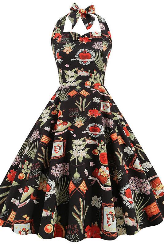 Classic Print Halter A-Line Party Dress - Fashionpara