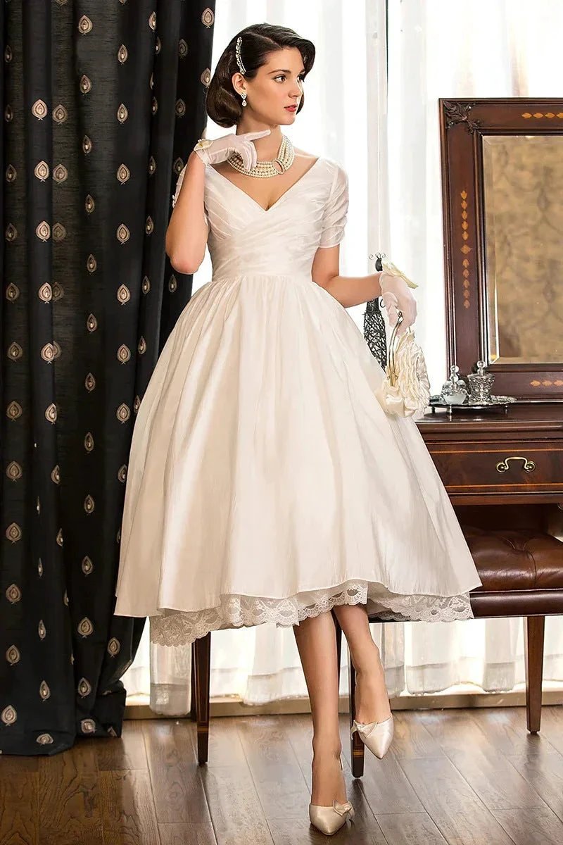 Classical A-Line V-Neck Short Sleeve Pleats Bohemain Wedding Dress (ZD16146)