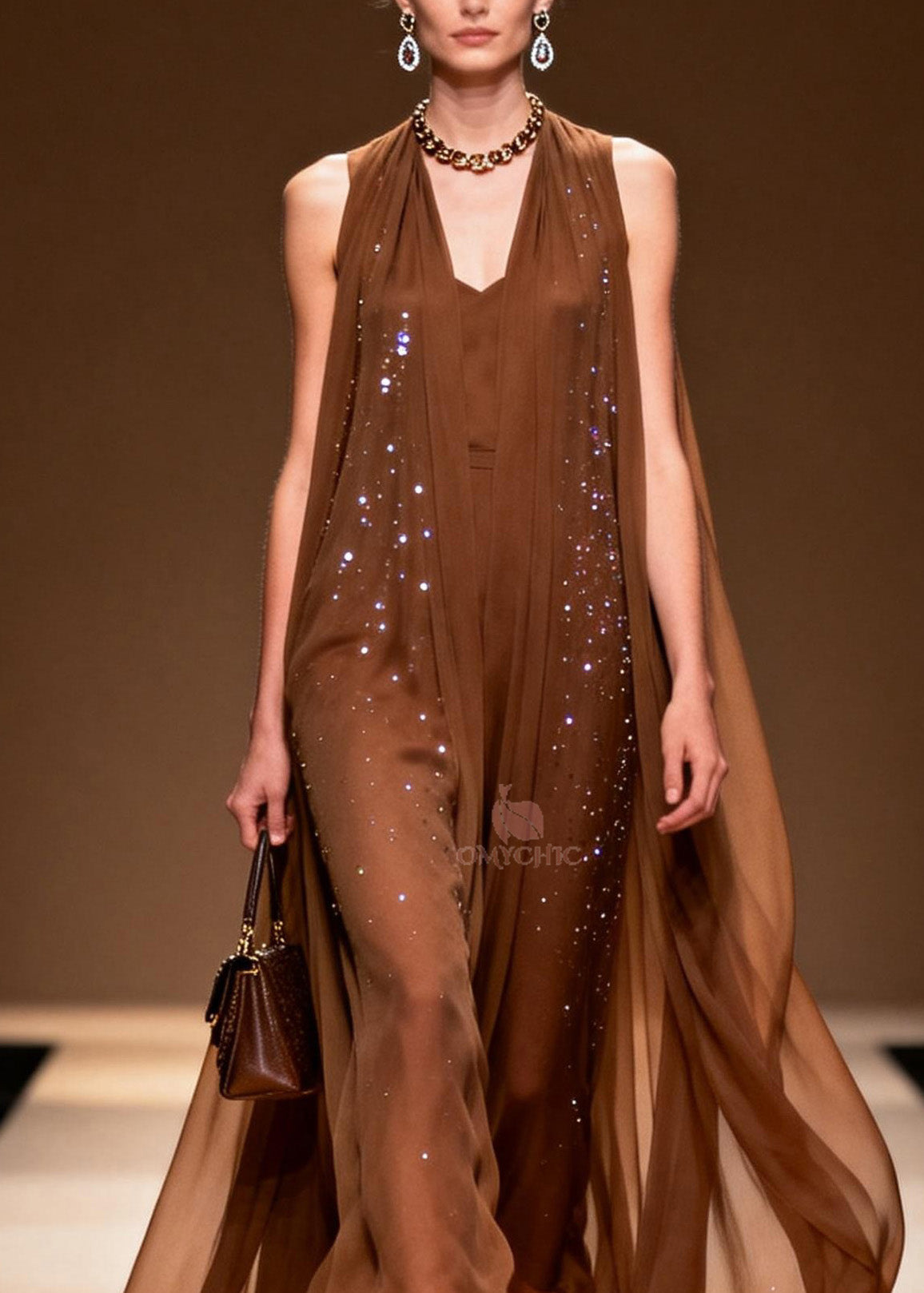 Classy Coffee V Neck Zircon Chiffon Robe Dresses Sleeveless