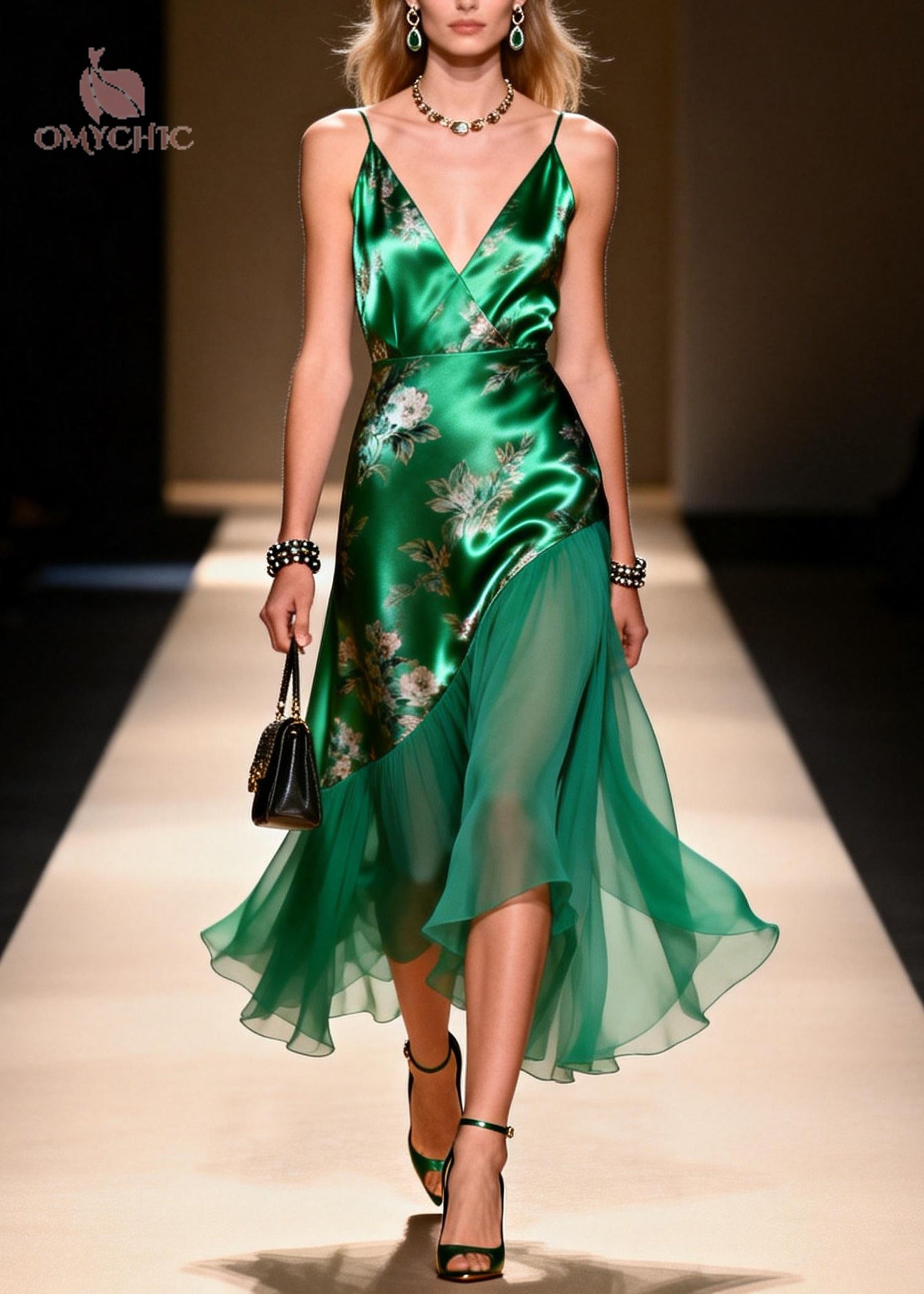 Classy Green Print Patchwork Silk Cami Dress Summer