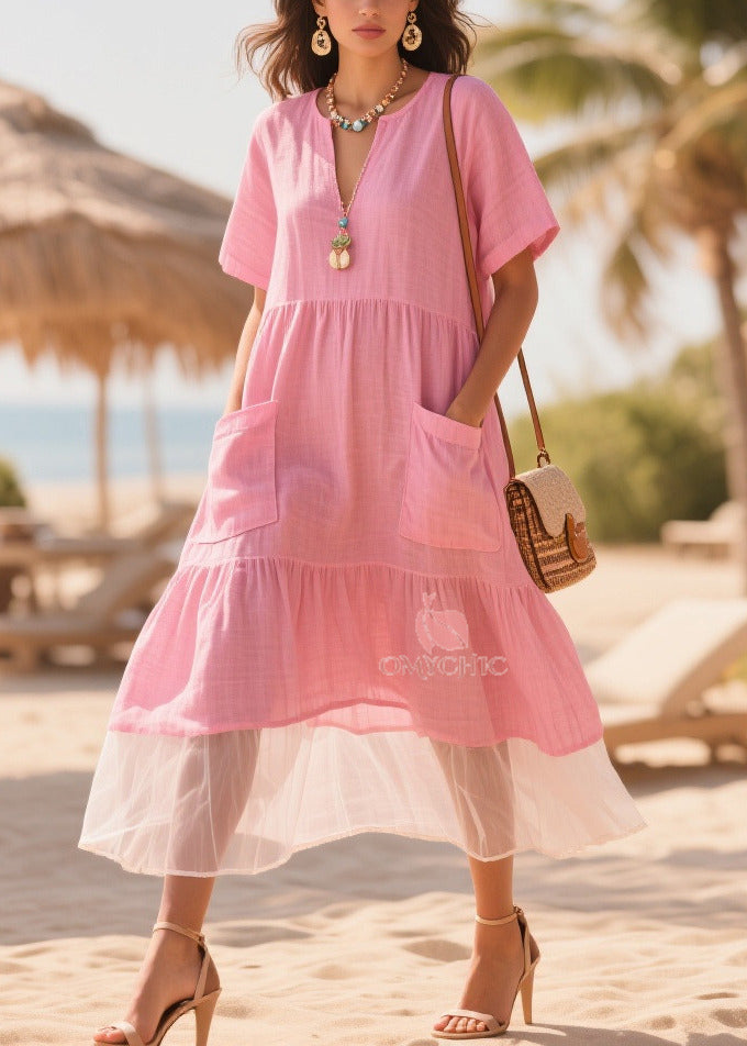 Classy Pink Oversized Patchwork Tulle Cotton Maxi Dresses Summer