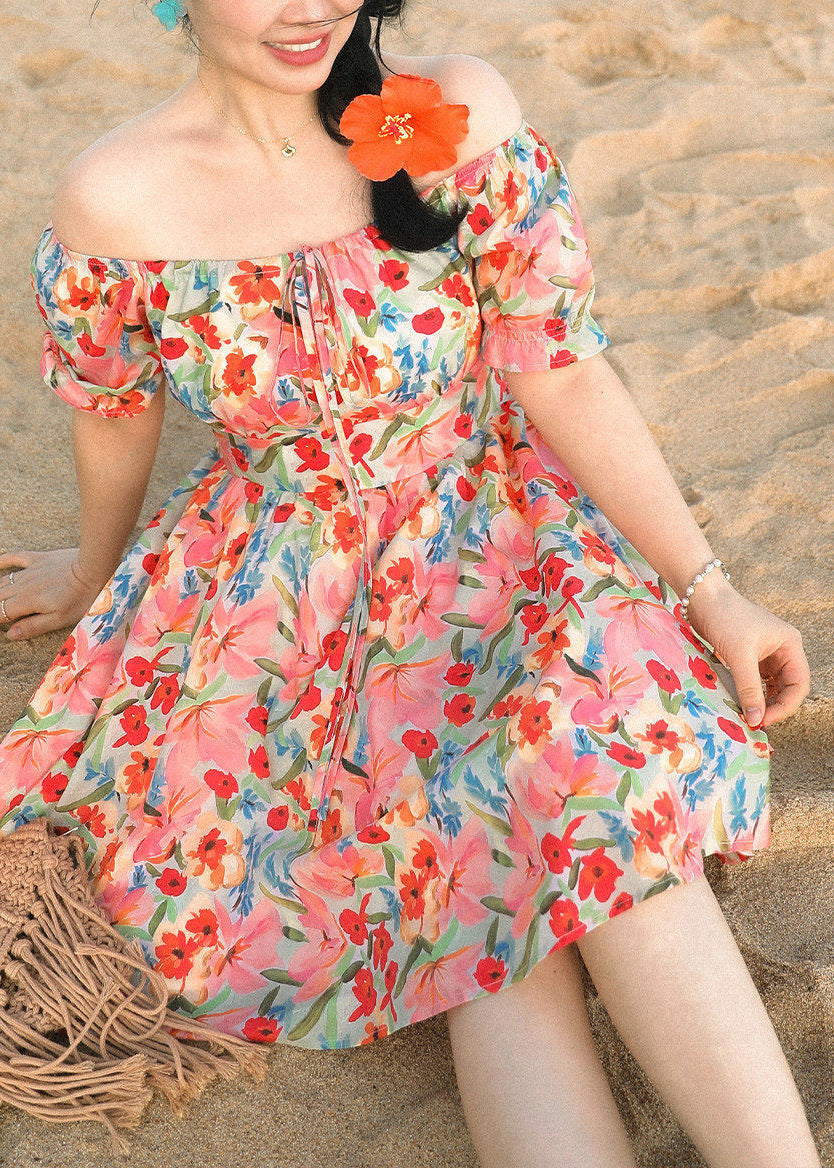 Classy Red Cold Shoulder Print Cotton Vacation Dress Summer