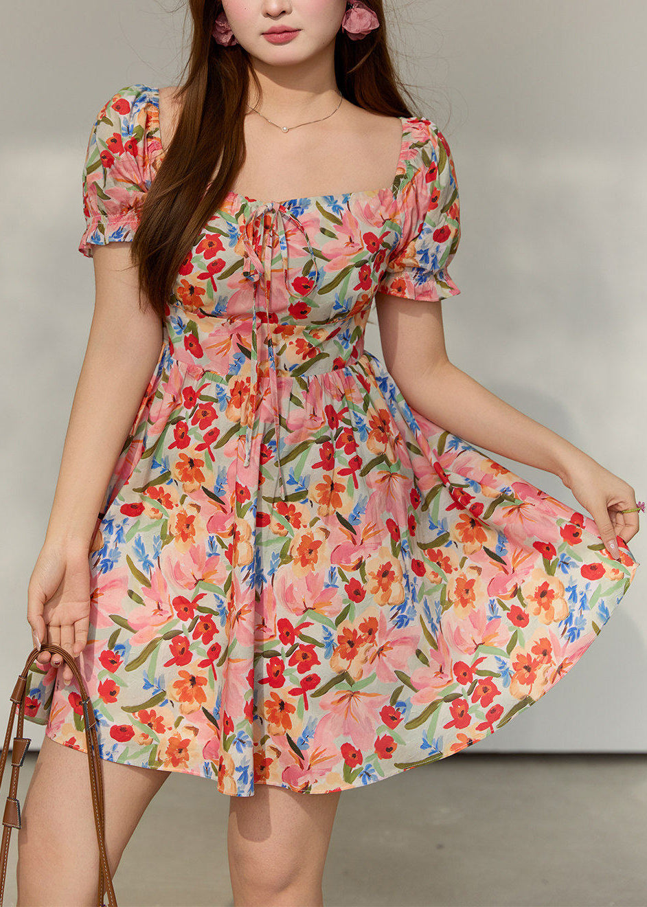 Classy Red Cold Shoulder Print Cotton Vacation Dress Summer