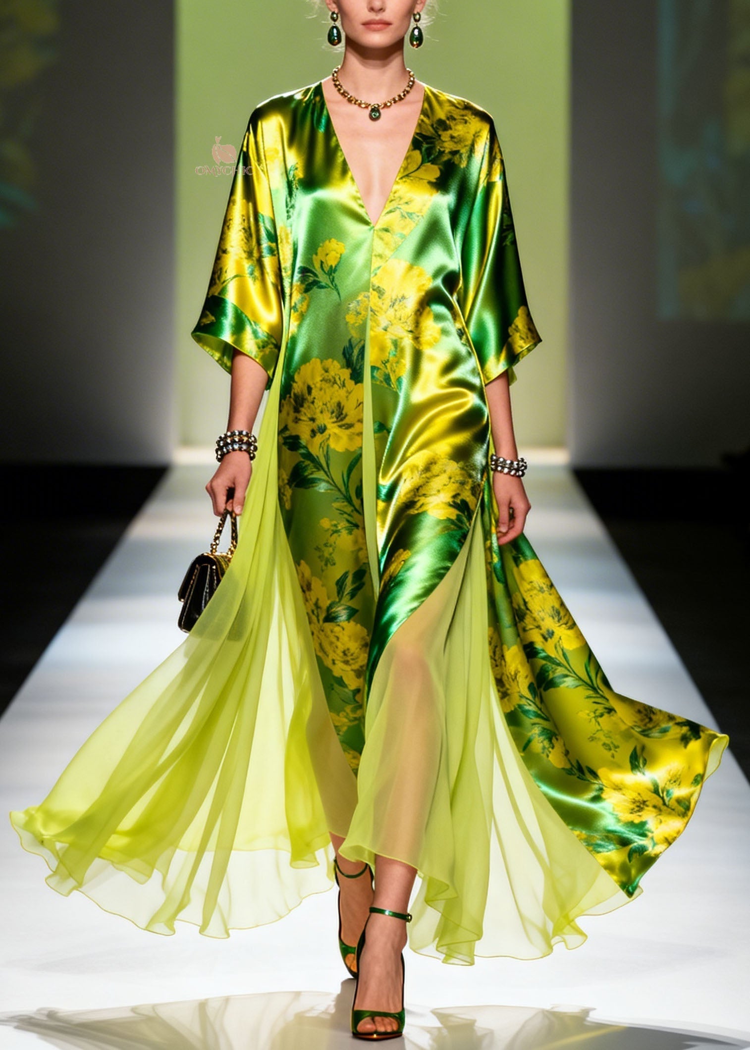 Classy V Neck Print Patchwork Silk Maxi Dresses Summer