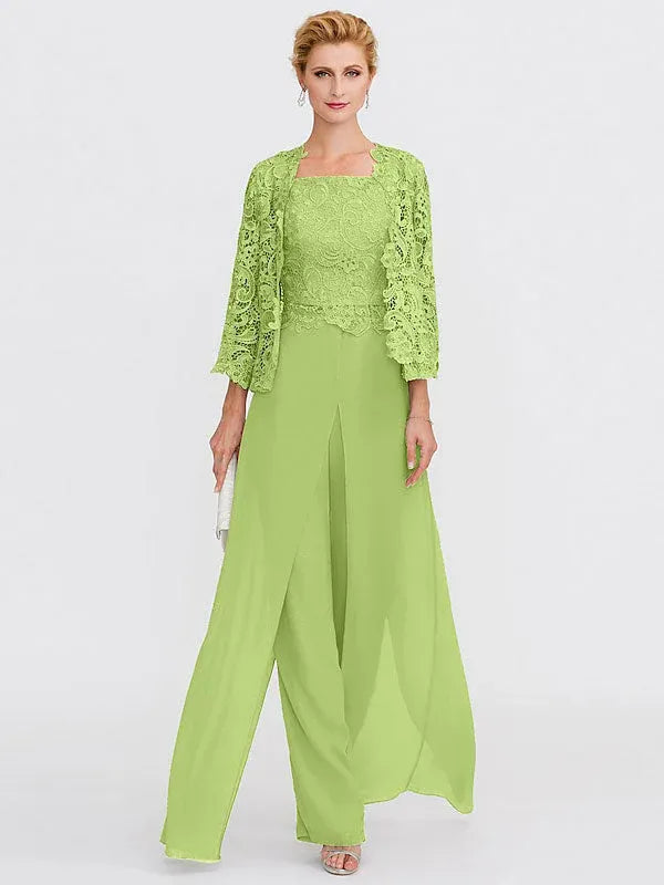 3 Piece Chiffon Square Neck Mother of the Bride Pantsuits with Jacket