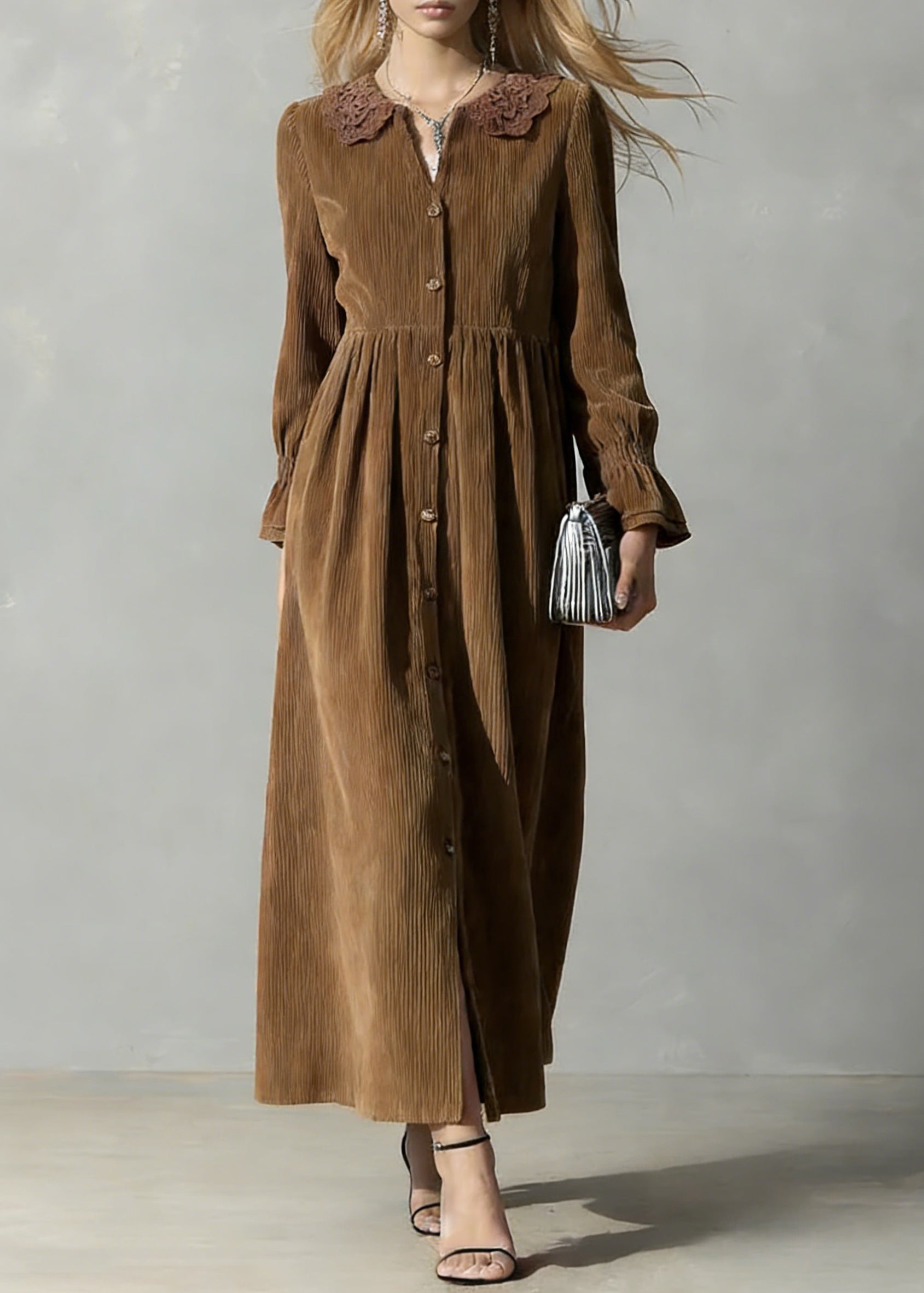 Coffee Button Solid Oversized Corduroy Shirts Dress Peter Pan Collar
