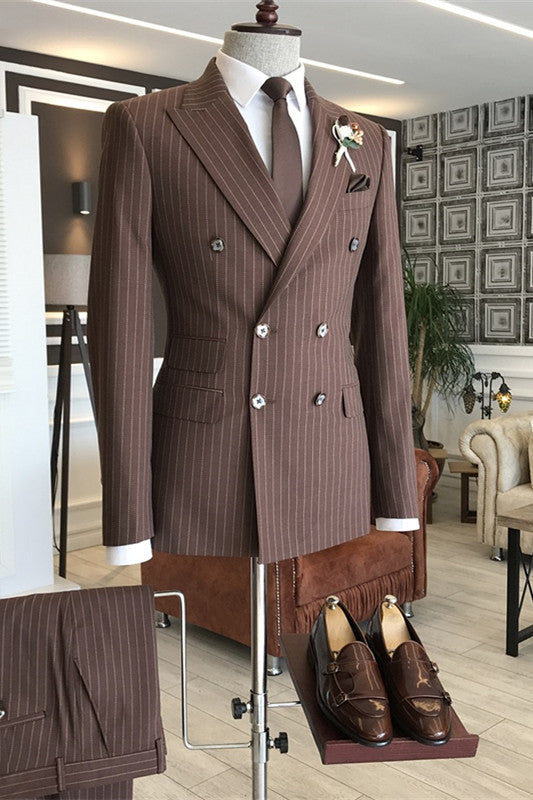 Coffee Double Breasted Peaked Lapel Striped Business Suit