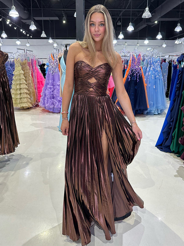 Coffee A Line Strapless Sweetheart Pleated Prom Dress with High Slit