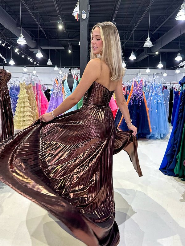 Coffee A Line Strapless Sweetheart Pleated Prom Dress with High Slit