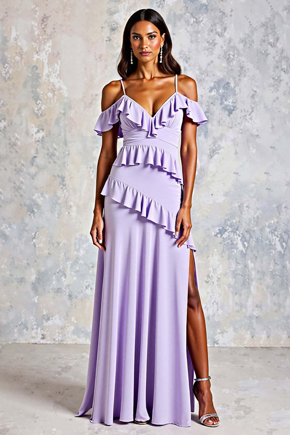 Cold Shoulder Lilac Ruffled Long Chiffon Formal Dress