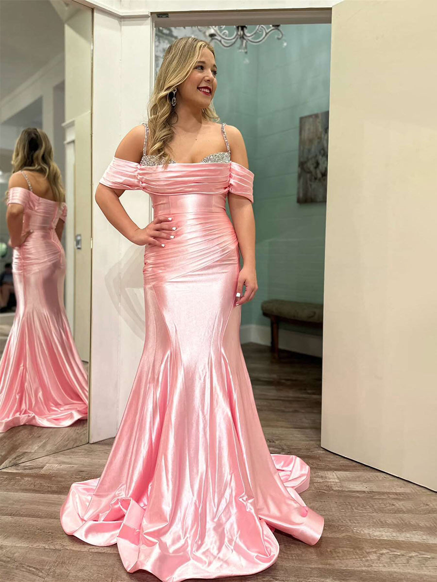 Cold Shoulder Pink Mermaid Long Prom Dress with Beaded - FashionDia