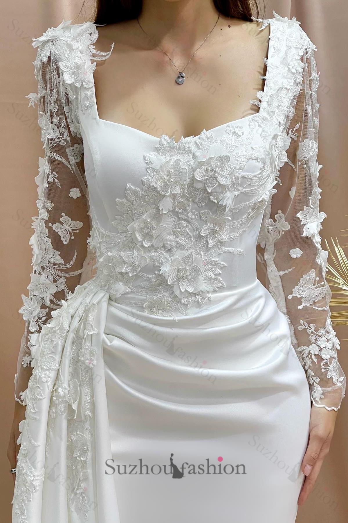 Column Wedding Dress Off The Shoulder Long Sleeve Appliques Satin Lace Bridal Gown
