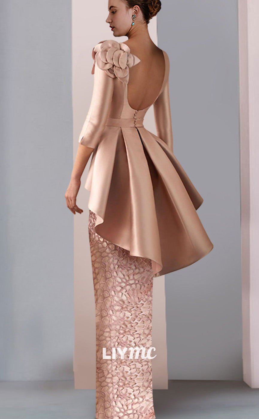 M1048 - Column Mother of the Bride Dress Wedding Guest Elegant Party V Neck Floor Length Satin Lace 34 Length Sleeve