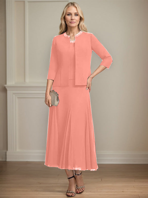 Separates A-line Scoop Tea-Length Chiffon Mother of the Bride Dress With Sequins Beading