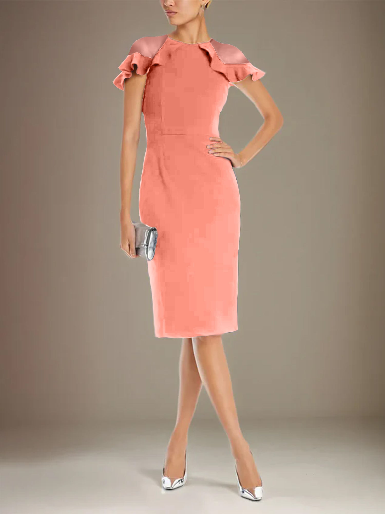 Sheath/Column Stretch Crepe Scoop Short Sleeves Knee Length Dress
