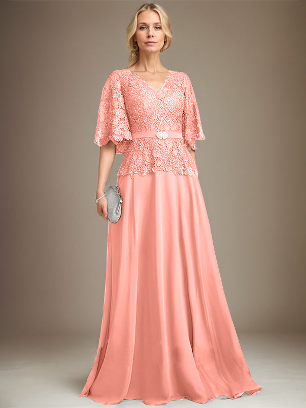A-line V-Neck Floor-Length Chiffon Lace Mother of the Bride Dress With Crystal Brooch Rhinestone - View 15 | FashionDia