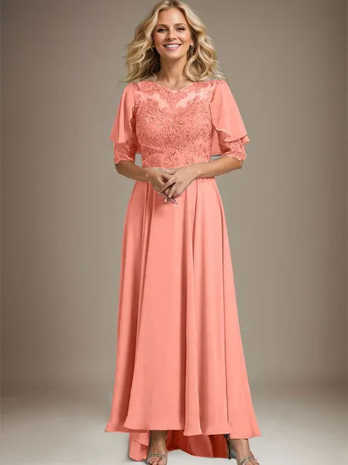 A-line Scoop Illusion Asymmetrical Chiffon Lace Mother of the Bride Dress With Beading - View 15 | FashionDia
