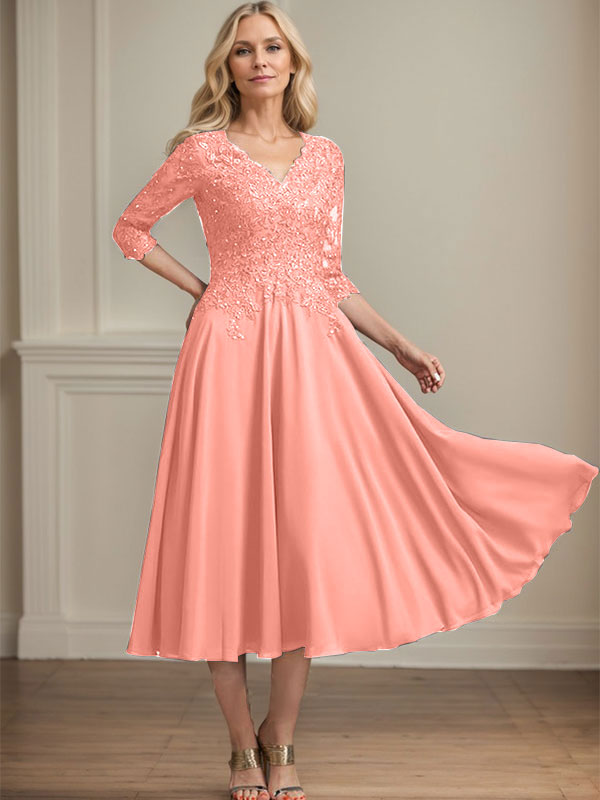 A-line V-Neck Tea-Length Chiffon Lace Mother of the Bride Dress With Beading Sequins - View 15 | FashionDia