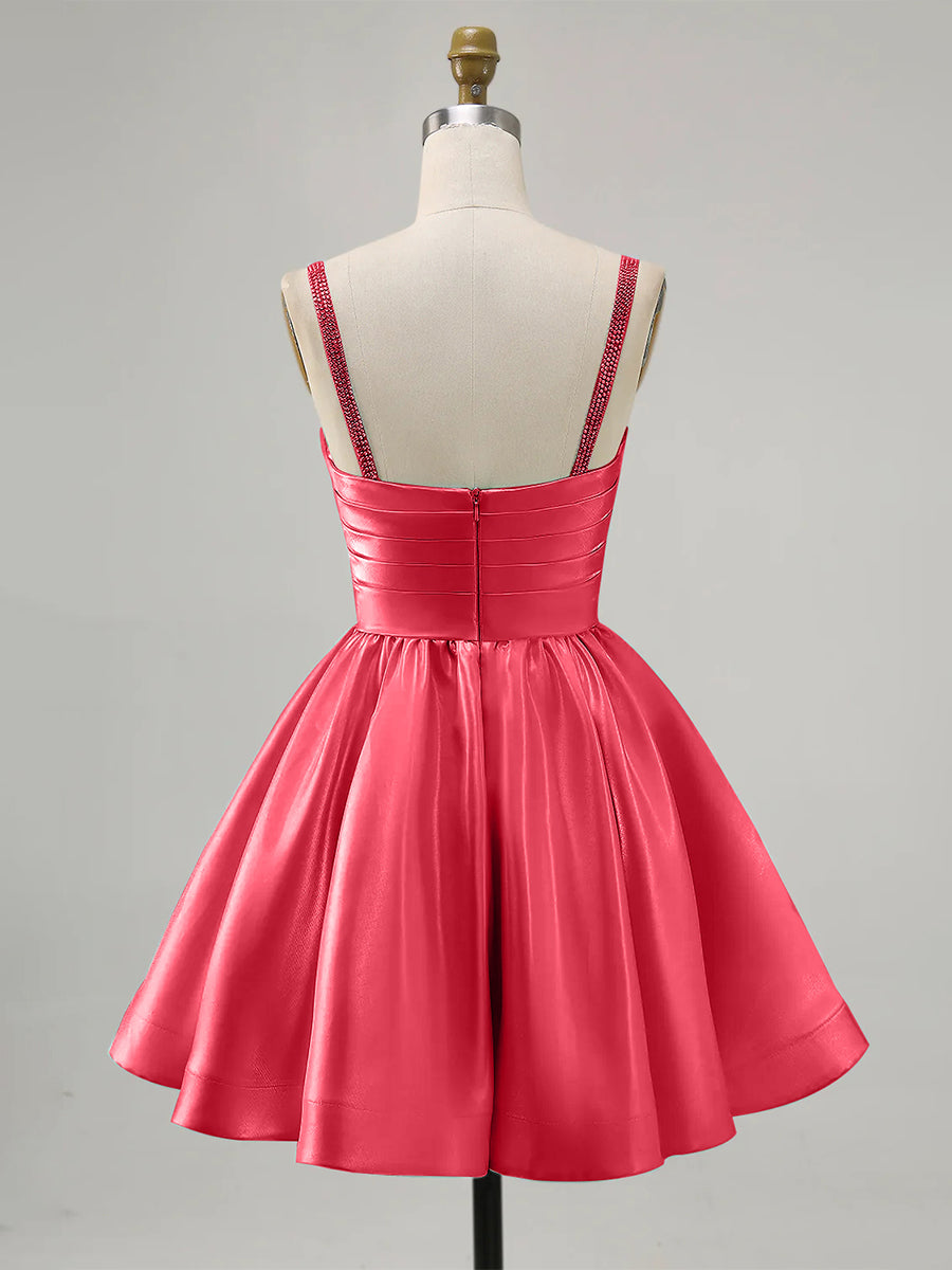 A-Line Spaghetti Straps Beaded Satin Short Homecoming Dress