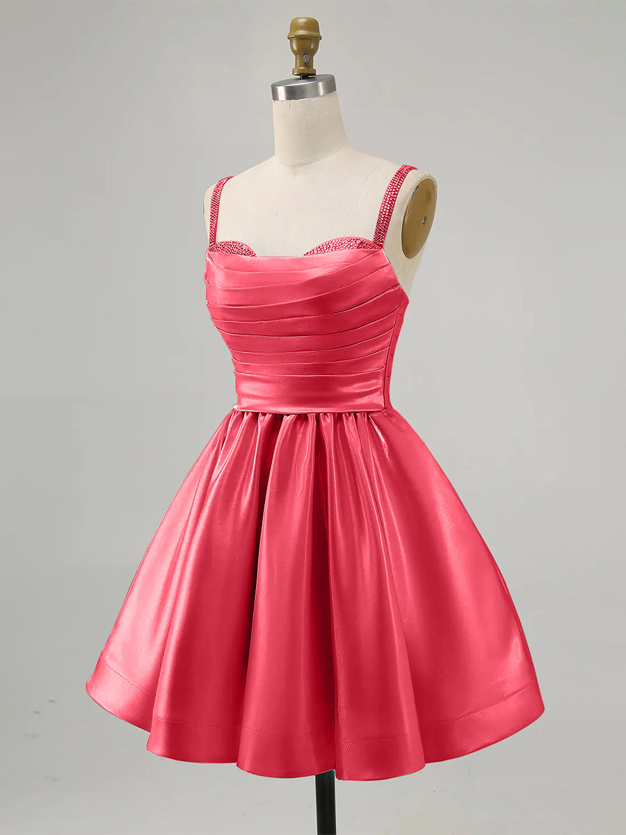 A-Line Spaghetti Straps Beaded Satin Short Homecoming Dress