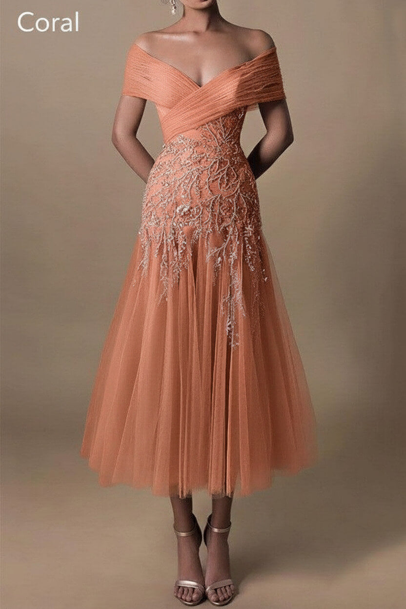 Gorgeous Short Long Off-the-Shoulder Beadings Beach Bridal Dress With Lace