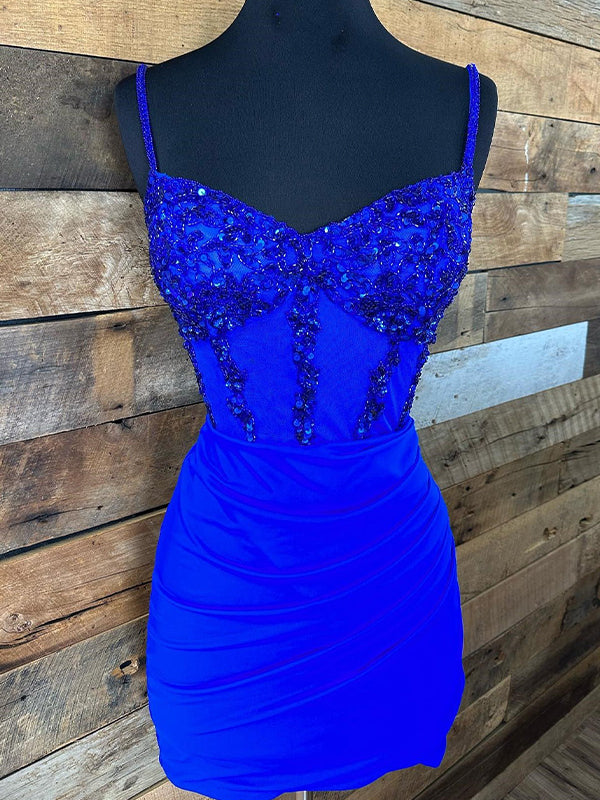 Glitter Corset Satin Asymmetrical Tight Short Homecoming Dress with Sequins