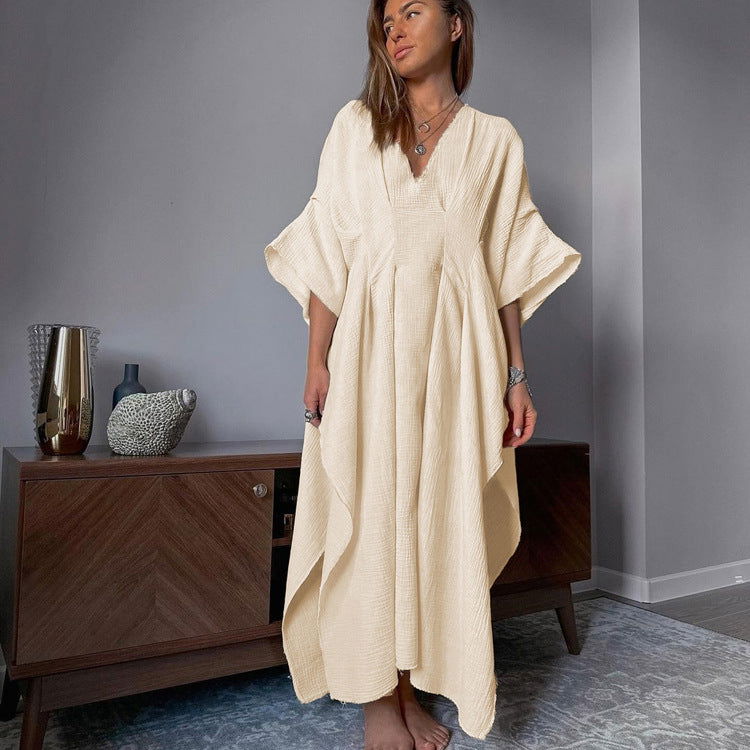 Cotton V Neck Blouse Dress Loose Breathable