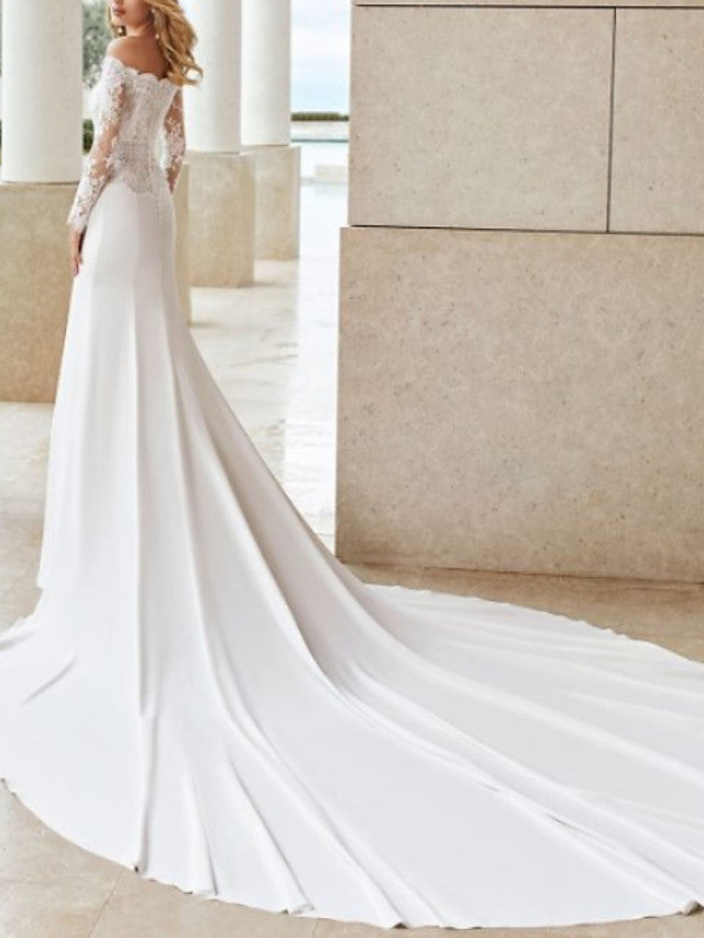 Country Mermaid Beach Wedding Dresses Off Shoulder Lace Satin Long Sleeve See-Through Bridal Gowns with Court Train