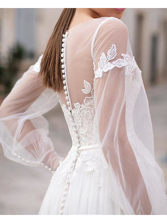 Country Plus Size A-Line Wedding Dress Jewel Lace Tulle Long Sleeve Bridal Gowns