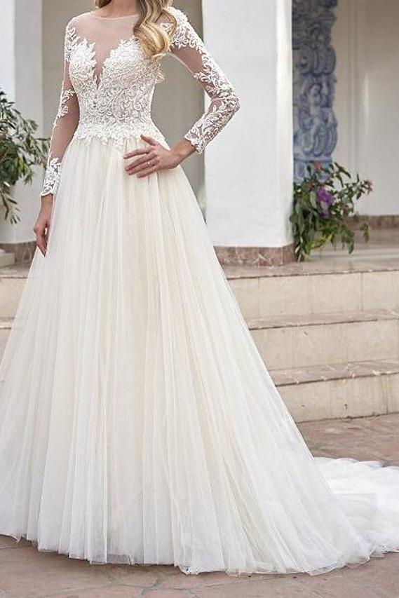 Country Plus Size A-Line Wedding Dress Jewel Lace Tulle Long Sleeves See-Through Bridal Gowns with Sweep Train