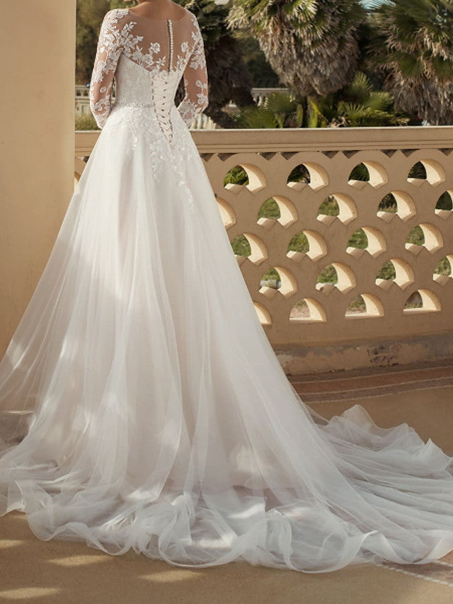 Country Plus Size A-Line Wedding Dress V-neck Lace Tulle 3/4 Sleeve Bridal Gowns with Sweep Train