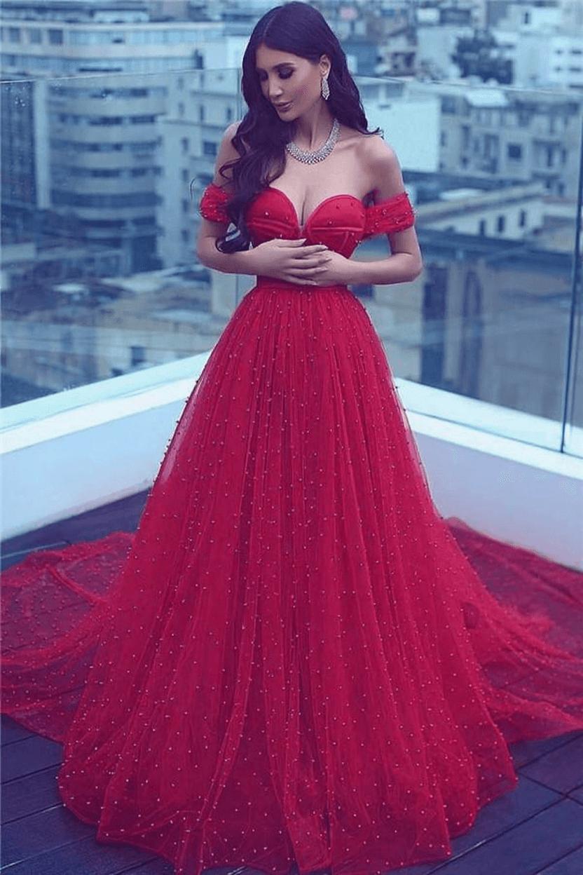 Court-Train Amazing Beading A-line Red Off-the-shoulder Sweetheart Evening Dress