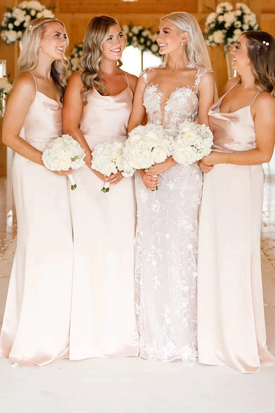Cowl Neck Spaghetti Strap Champagne Bridesmaid Dress (ZD12833)