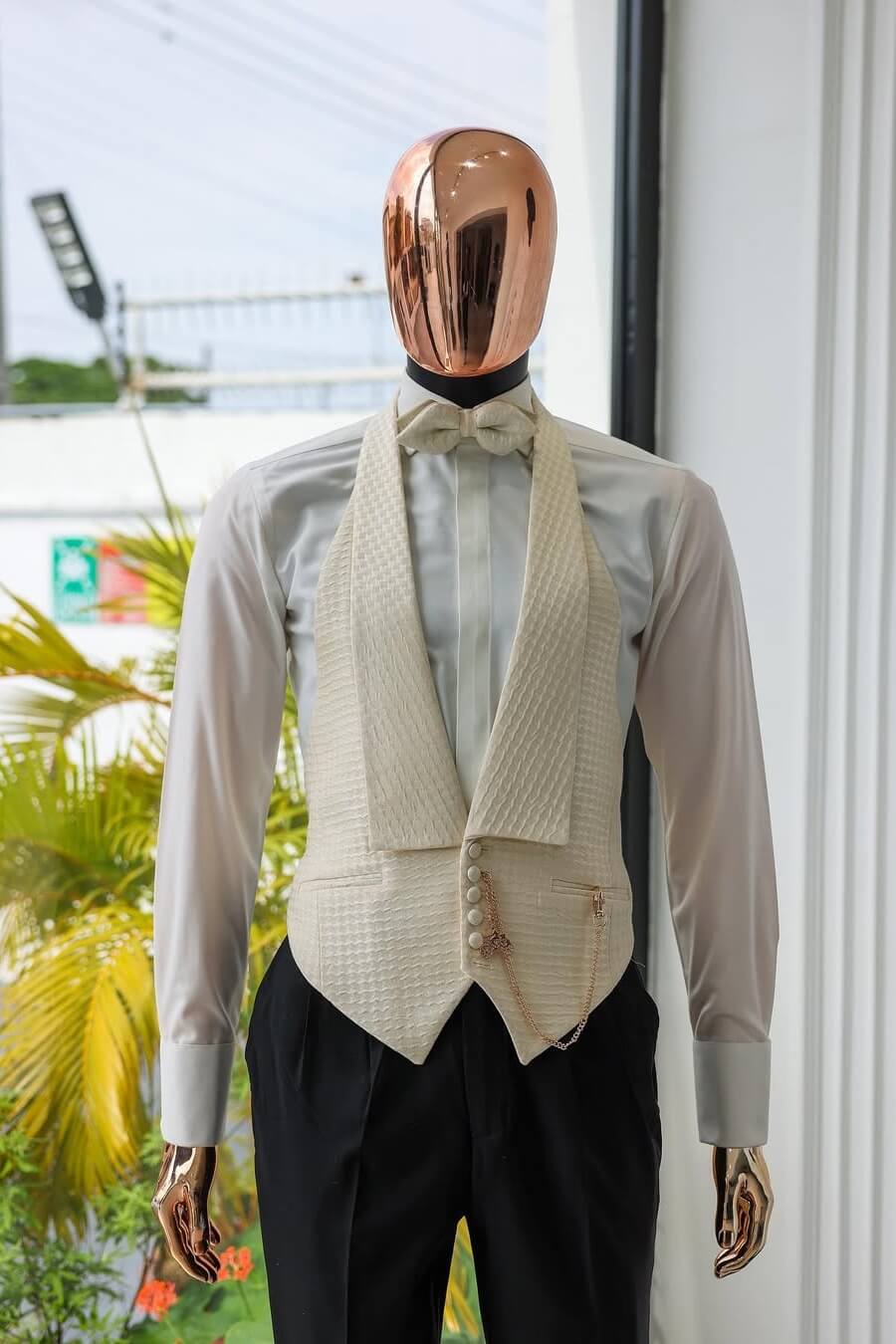Cream White Wedding Suit Peak Lapel Stuffed Slanted Square Patterned jacquard Prom Suit
