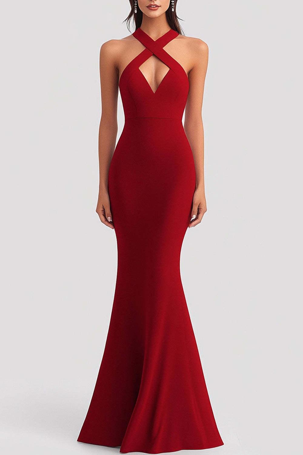 Cross Straps Red Wedding Guest Dress Mermaid Satin Formal Dress