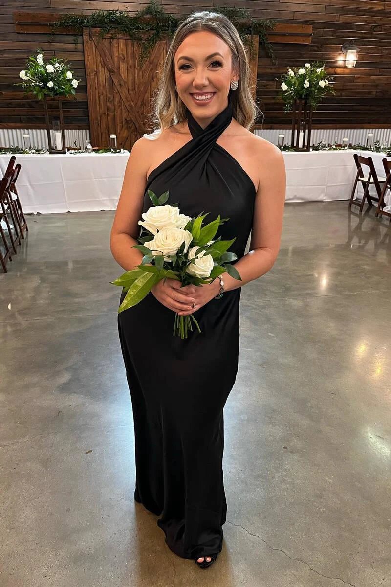 Cross Front Halter Champagne Floor Length Bridesmaid Dress BD098 by pgmdress