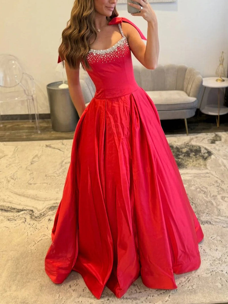 Crystal Beaded Bodice Prom Dress with Bow Shoulders - FashionDia