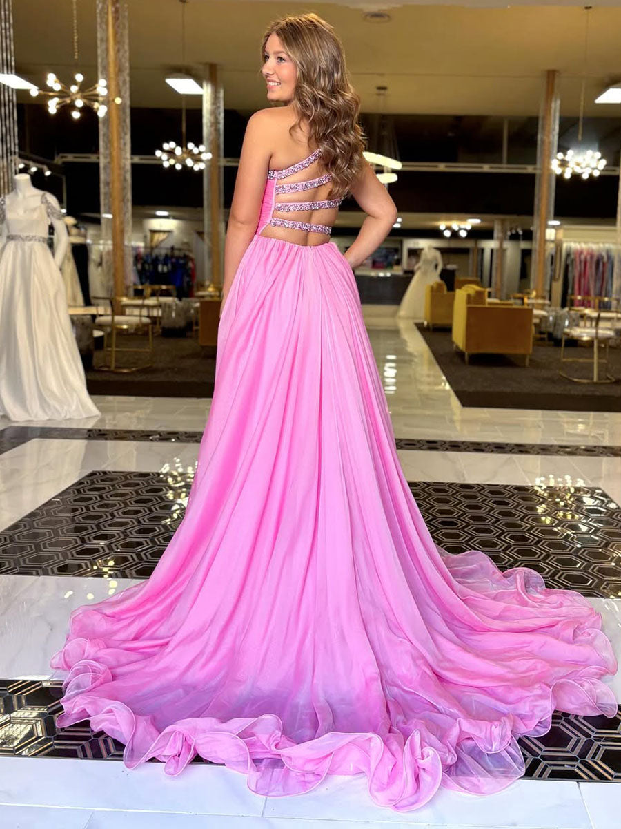 Crystal Beading One-Shoulder Chiffon Prom Dress with High Slit