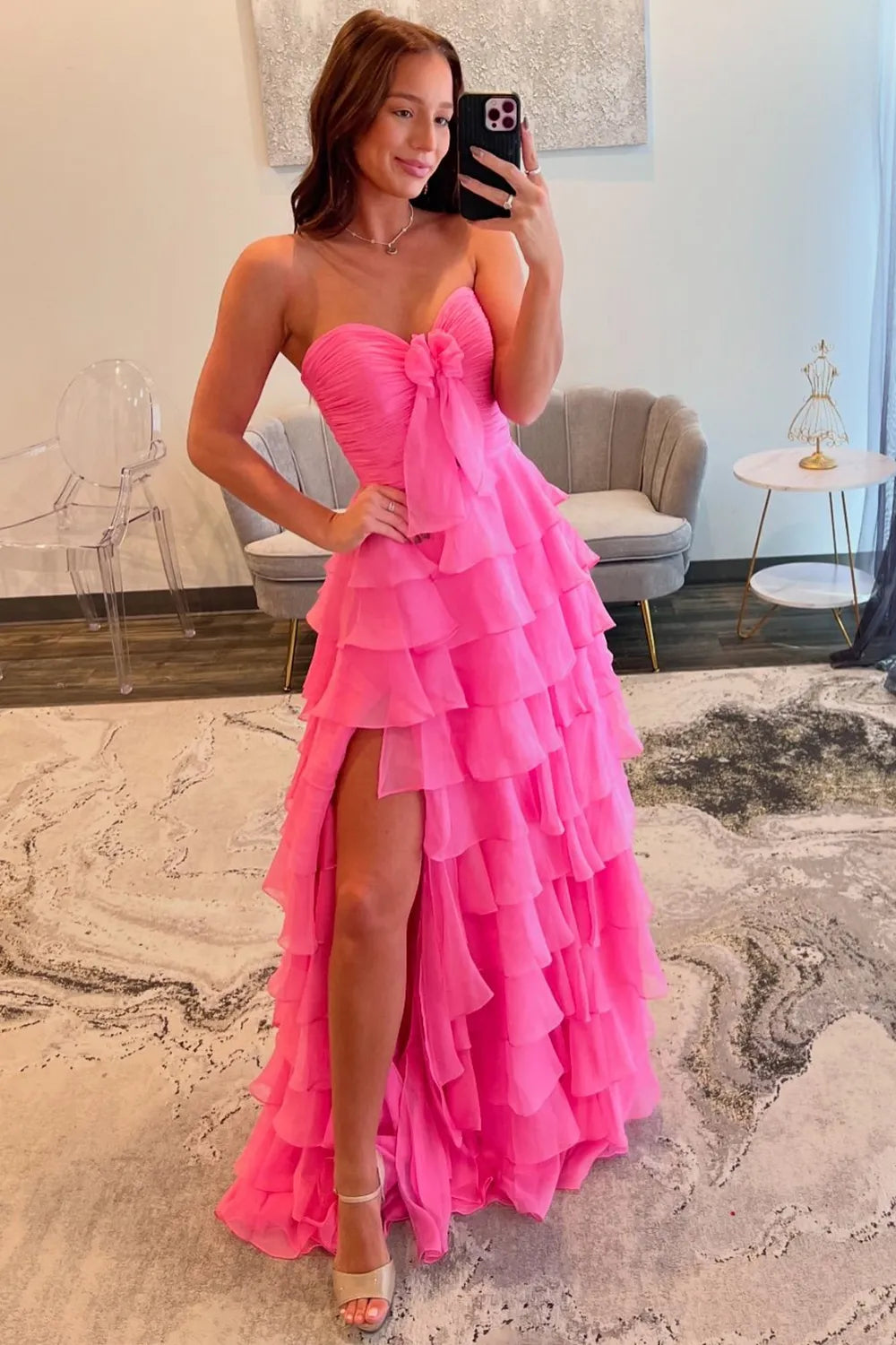 Cute A-Line Sweetheart Zipper Back Tiered Chiffon Prom Dress With Slit - View 3 | FashionDia