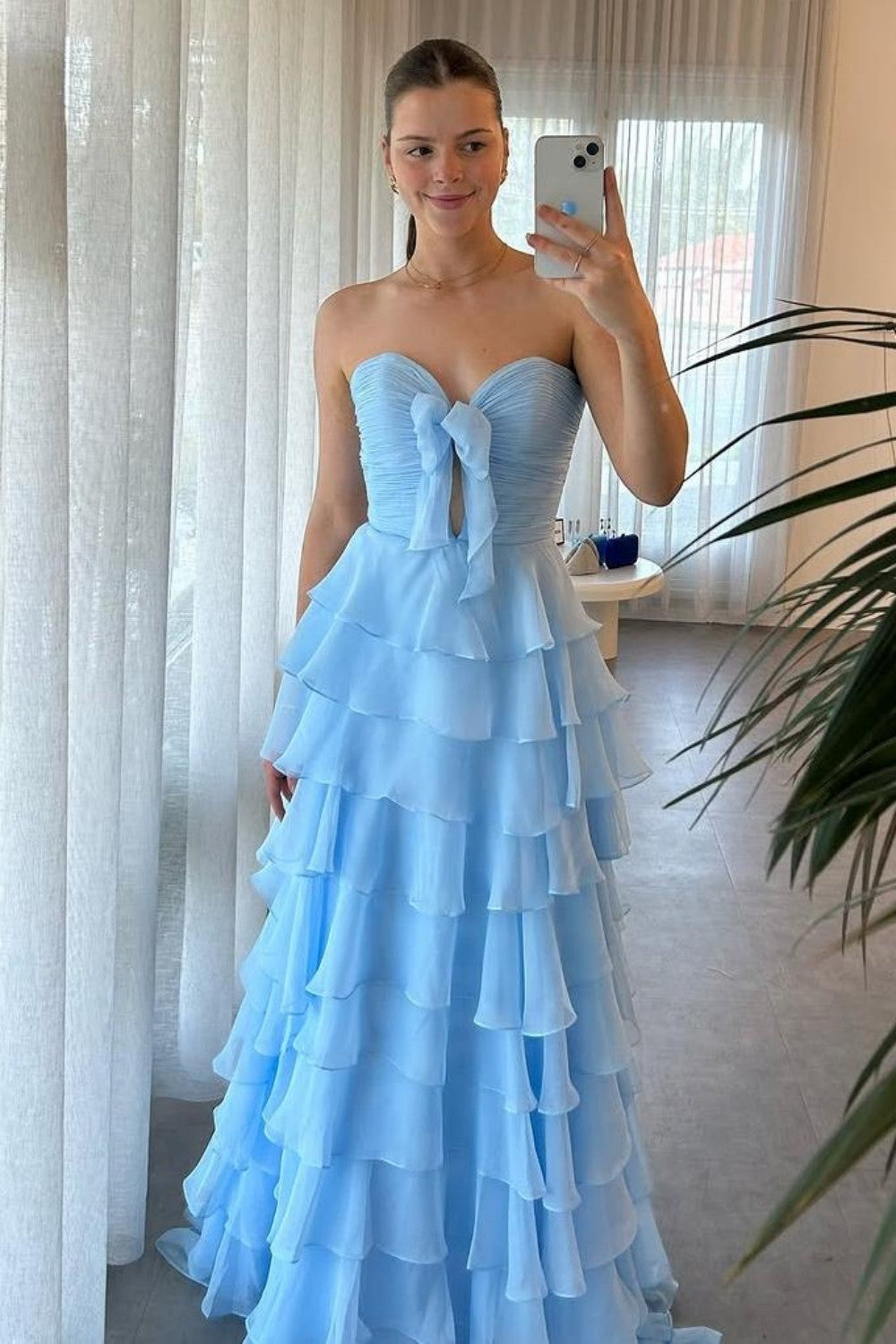 Cute A-Line Sweetheart Zipper Back Tiered Chiffon Prom Dress With Slit - View 10 | FashionDia